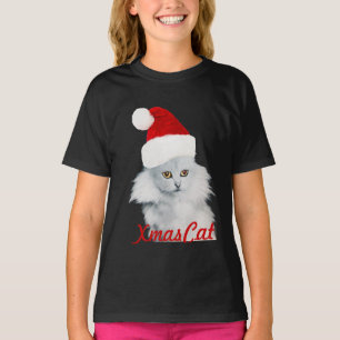 T-SHIRT CHAT DE NOËL BLANC AVEC CASQUETTE SANTA CLAUS