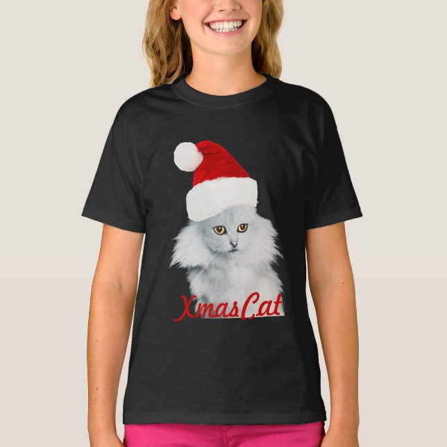 T-SHIRT CHAT DE NOËL BLANC AVEC CASQUETTE SANTA CLAUS (Devant)