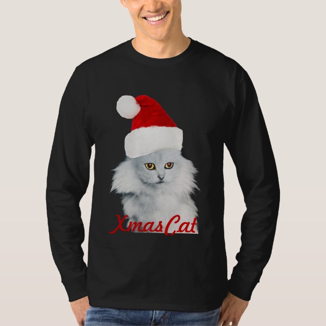 T-SHIRT CHAT DE NOËL BLANC AVEC CASQUETTE SANTA CLAUS (Devant)