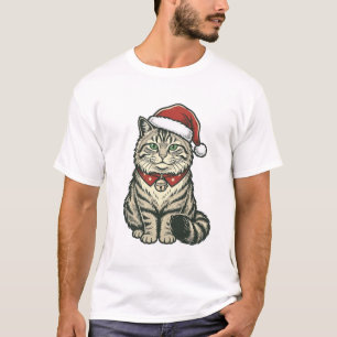 T-shirt Chat de Noël Chapeau de Père Noël Dessin de Gravur