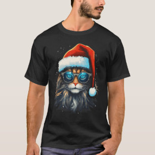 T-shirt Chat de Noël Chapeau de Père Noël et Lunettes de s