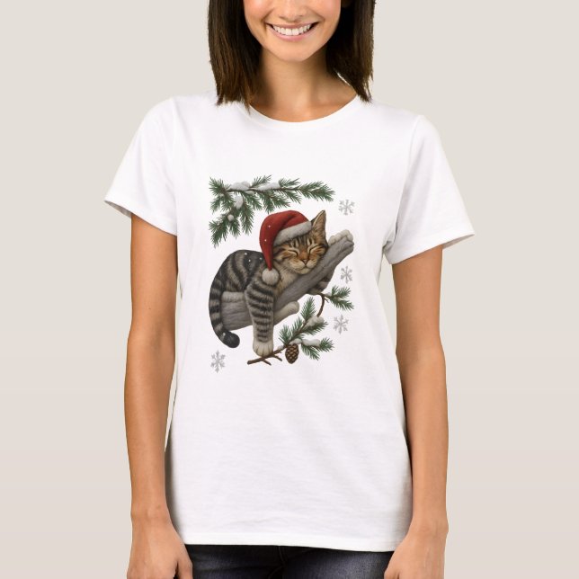 T-Shirt Chat de Noël Endormi sur Branche enneigée (Devant)