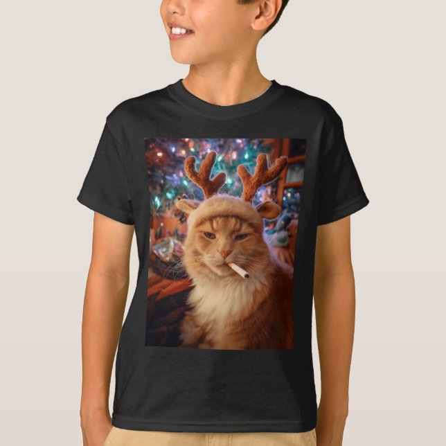 T-shirt Chat de Noël Fumant une Cigarette Mème Confort Gen (Devant)