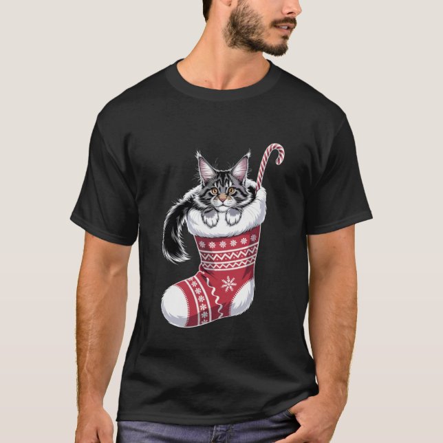 T-shirt Chat de Noël Maine Coon en Chapeau de Père Noël (Devant)