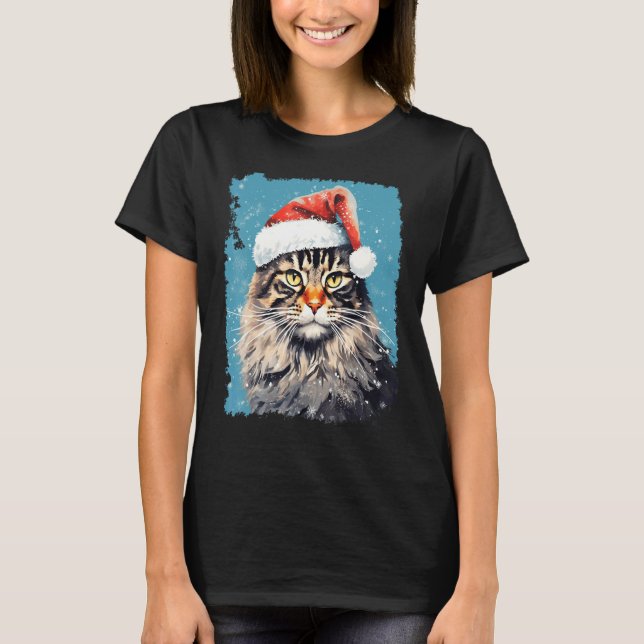 T-shirt Chat de Noël Maine Coon Pop Art Bleu (Devant)