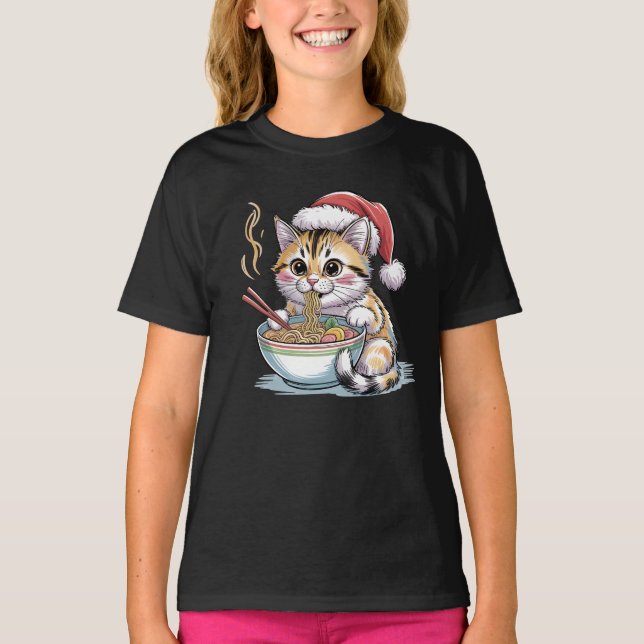 T-shirt Chat de Noël Mignon Mangeant des Ramen (Devant)