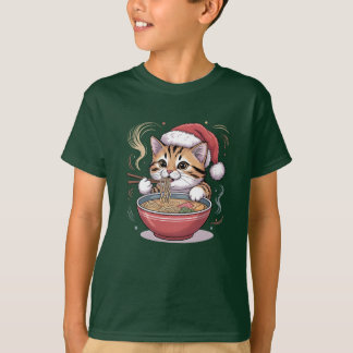 T-shirt Chat de Noël Mignon Mangeant des Ramen