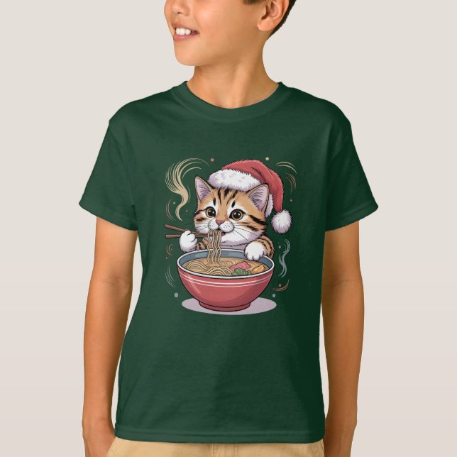 T-shirt Chat de Noël Mignon Mangeant des Ramen (Devant)