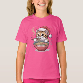 T-shirt Chat de Noël Mignon Mangeant des Ramen