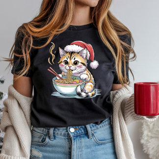 T-shirt Chat de Noël Mignon Mangeant des Ramen