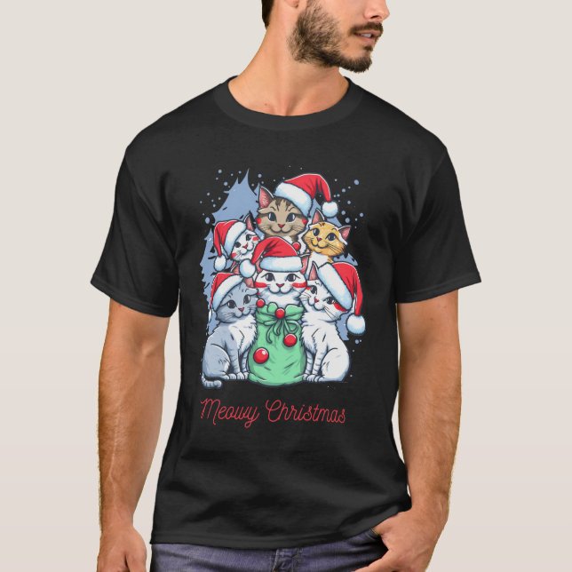 T-shirt Chat de Noël Noël Rouge Noir (Devant)