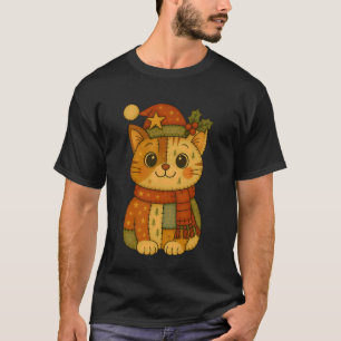 T-shirt Chat de Noël patchwork portant un chapeau de Père