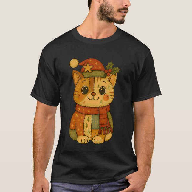 T-shirt Chat de Noël patchwork portant un chapeau de Père  (Devant)