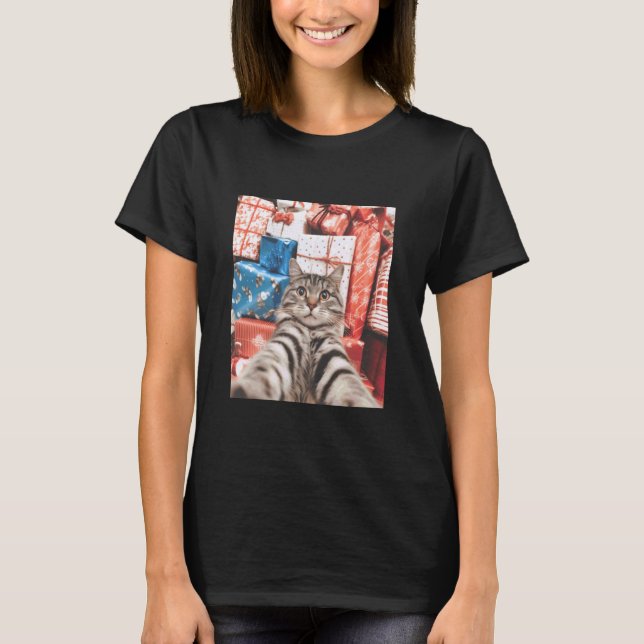 T-shirt Chat de Noël Selfie Drôle de Chat (Devant)