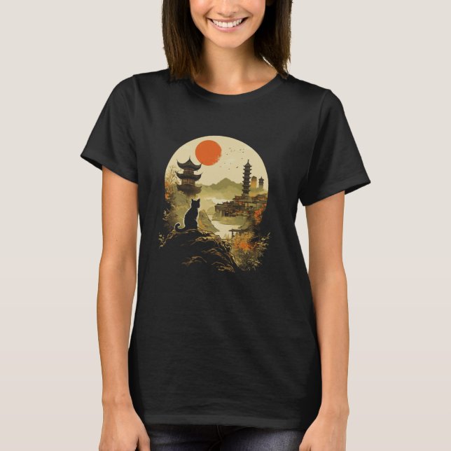 T-shirt Chat de nuit tranquille noir et temple de pagode a (Devant)