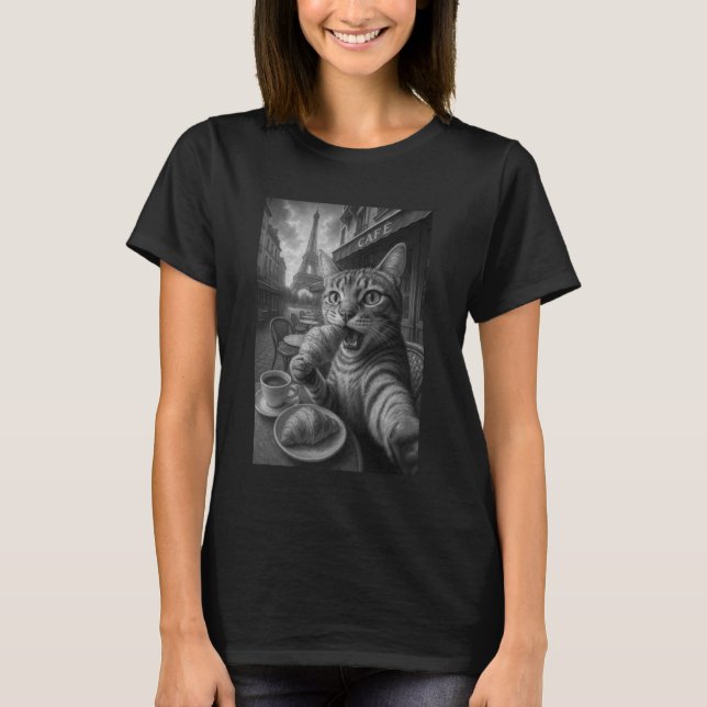 T-shirt Chat de Paris prenant un selfie en mangeant un cro (Devant)