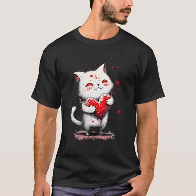 T-shirt Chat de peinture éclaboussée serrant un coussin en (Devant)