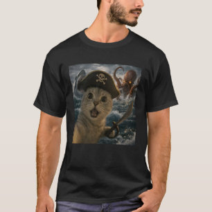 T-shirt Chat de pirate drôle selfie avec monstre marin pie