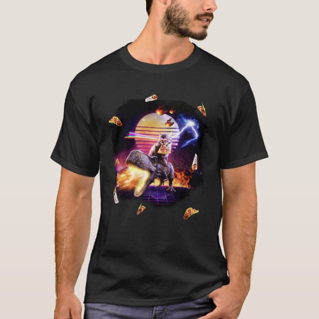 T-shirt Chat de pizza au laser Synthwave Rétro chevauchant (Devant)