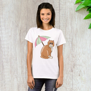 T-shirt Chat de plage avec parapluie rose et vert