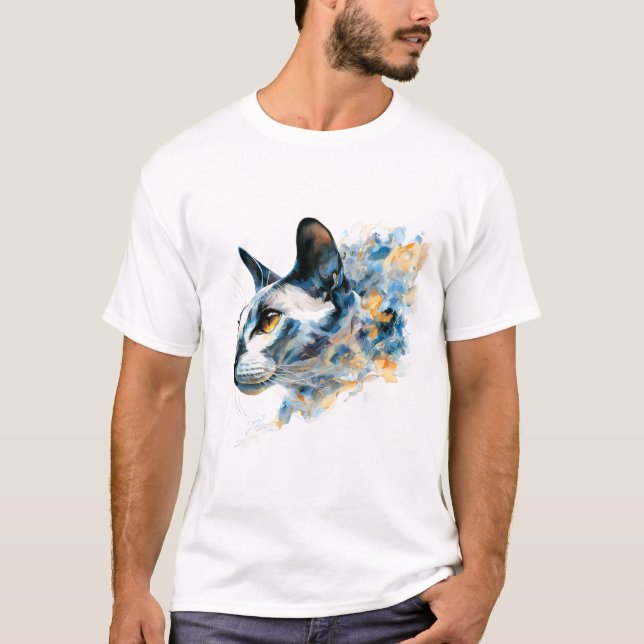 T-shirt Chat de profil à l'aquarelle rêveuse bleu or abstr (Devant)