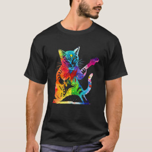 T-shirt Chat de Rock Coloré Jouant de la Guitare Drôle Gui