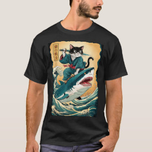 T-shirt Chat de samouraï drôle chevauchant un requin Chat