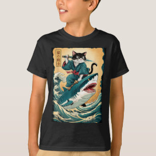 T-shirt Chat de samouraï drôle chevauchant un requin Chat