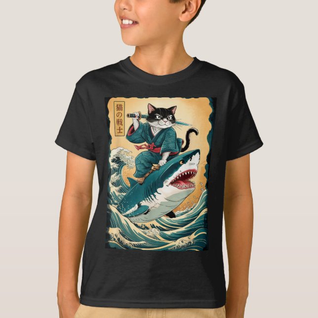 T-shirt Chat de samouraï drôle chevauchant un requin Chat  (Devant)