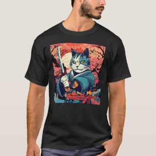 T-shirt Chat de samouraï mignon Tatouage japonais Vintage