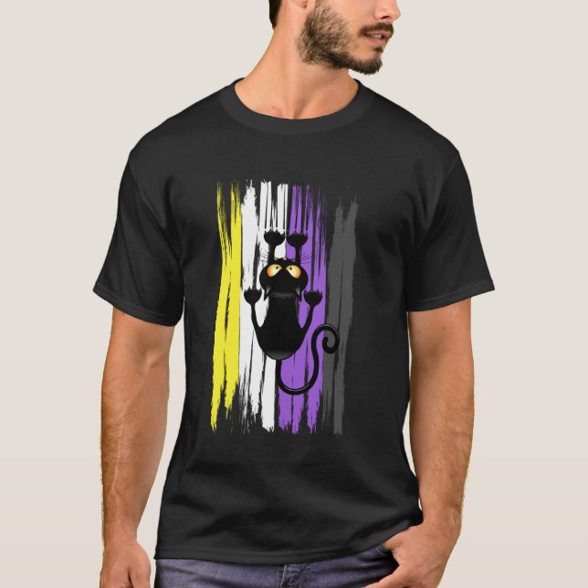 T-shirt Chat de Scratch grimpant à la fierté non binaire G (Devant)