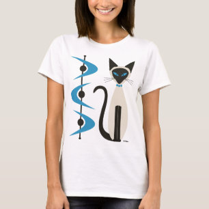 T-shirt Chat de Siamese avec Boomerangs Bleus du milieu du