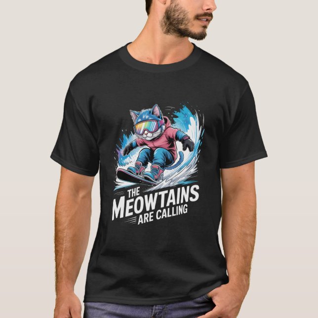 T-shirt Chat de snowboard dévalant les Meowtains sont Call (Devant)