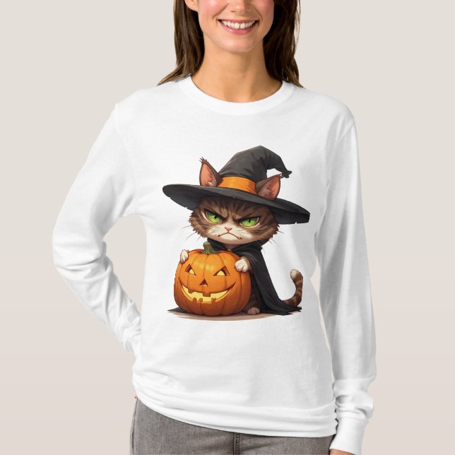 T-shirt Chat de sorcière grincheux avec citrouille Hallowe (Devant)