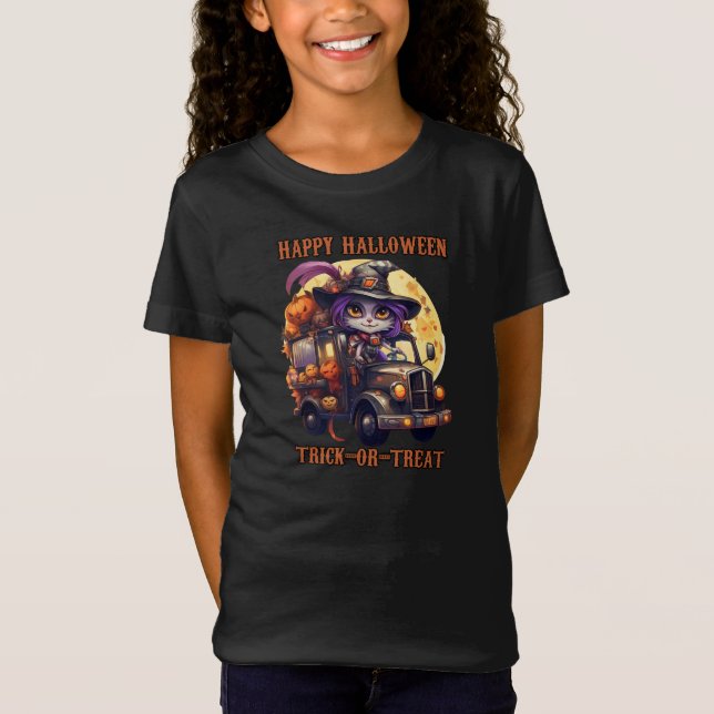 T-Shirt Chat de sorcière Halloween Trucker Enfants Festive (Devant)