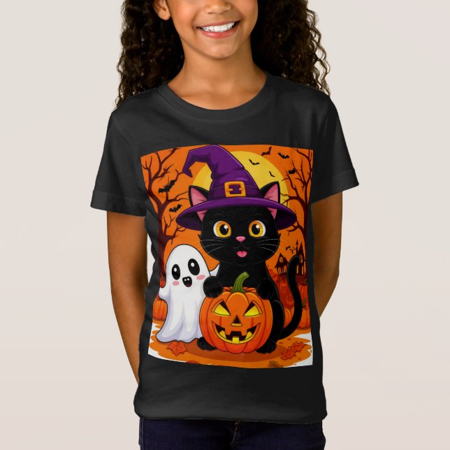 T-Shirt Chat de sorcière mignon avec nuit de citrouille fa (Devant)