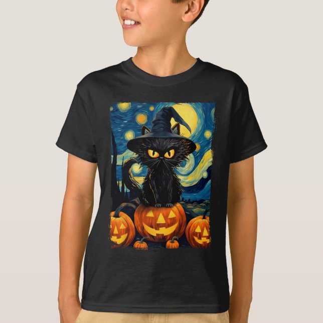 T-shirt Chat de sorcière Starry Nuit Van Gogh Retro Hallow (Devant)