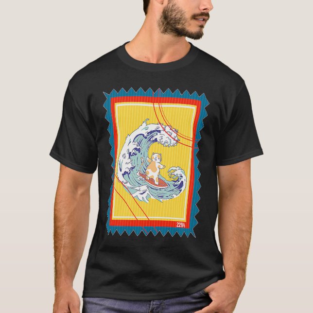 T-shirt Chat de surfeur sur timbre-poste (Devant)
