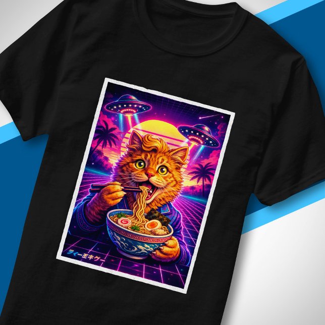 T-shirt Chat de synthwave OVNI mangeant du ramen Cyberpunk (Créateur téléchargé)