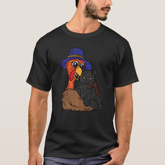 T-shirt Chat de Thanksgiving embrassant la dinde Chaton mi (Devant)