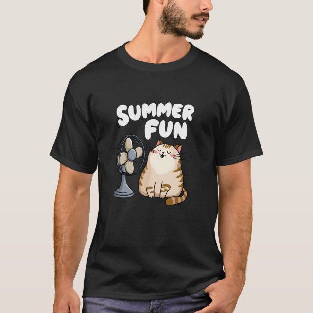 T-shirt Chat d'été mignon avec Fan Funny Chubby Kitty (Devant)