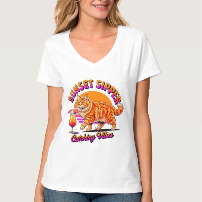 T-shirt Chat d'été pour femmes - Buveur de coucher de sole (Devant)