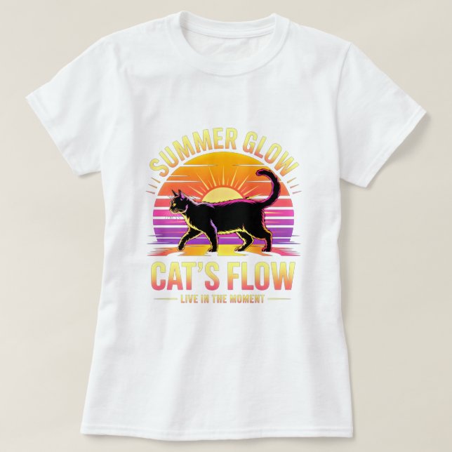 T-shirt Chat d'été Rétro Coucher de soleil - Vibes de plag (Design devant)