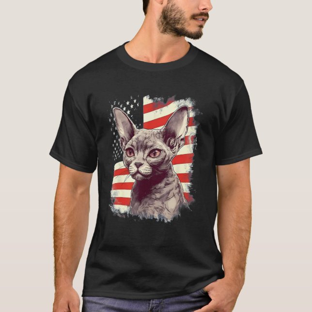 T-shirt Chat Devon Rex drapeau américain du 4 juillet (Devant)