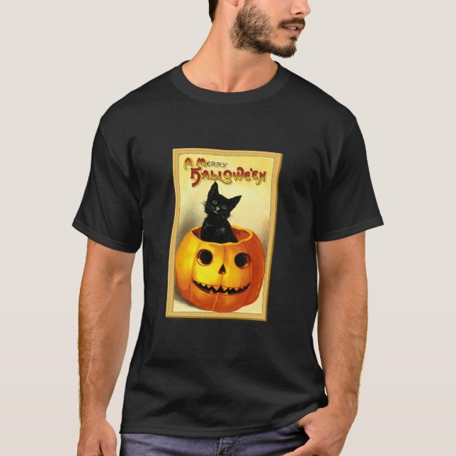 T-shirt Chat d'Halloween assis dans une citrouille lumineu (Devant)