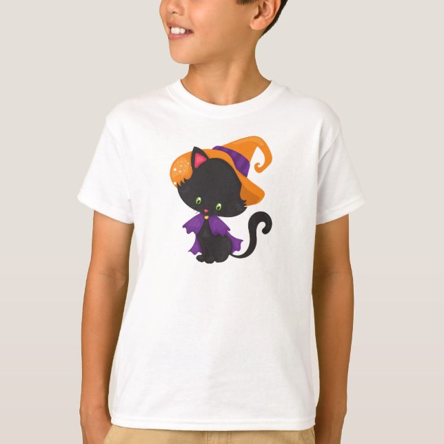 T-shirt Chat d'Halloween, Chat mignonne, Chat noir, Casque (Devant)