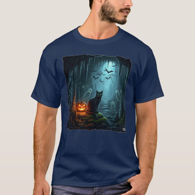 T-shirt Chat d'Halloween dans une grotte hantée ! (Devant)