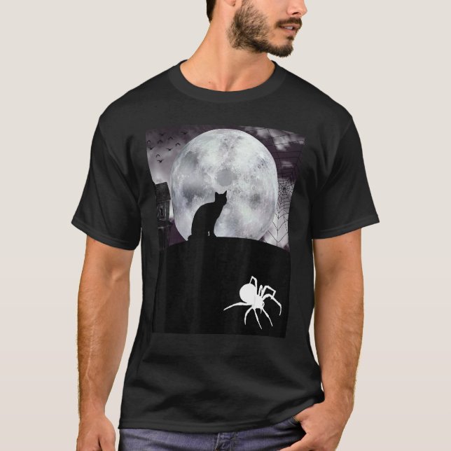 T-shirt Chat d'Halloween devant une lune sombre tandis qu' (Devant)