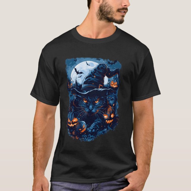 T-shirt Chat d'Halloween effrayant avec graphique de chape (Devant)