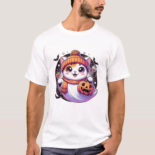 T-shirt Chat d'Halloween Fantôme Citrouille Automne (Devant)